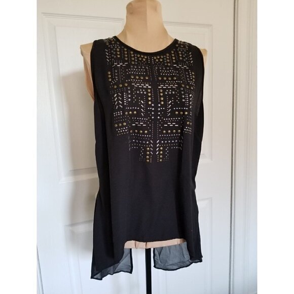 BCBGMaxAzria  Danna Top Black Semi Sheer w/Brass & Silver Studs Womens Size S - Picture 1 of 10